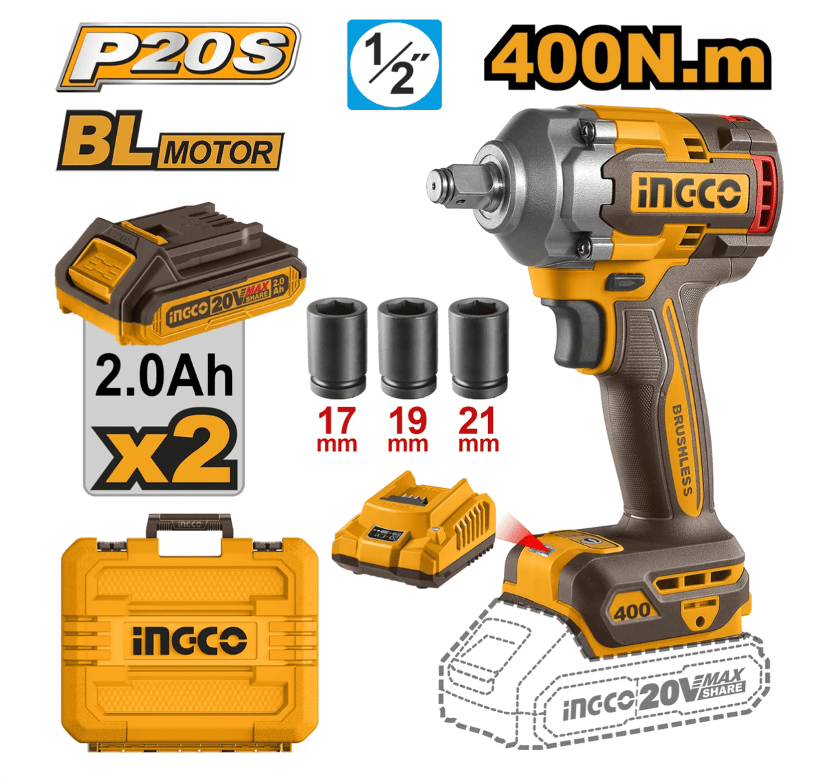 LLAVE DE IMPACTO INALÁMBRICA 1/2” 20 V BRUSHLESS 400 NM CON 2 BATERÍAS, INGCO REF UCIWLI2040